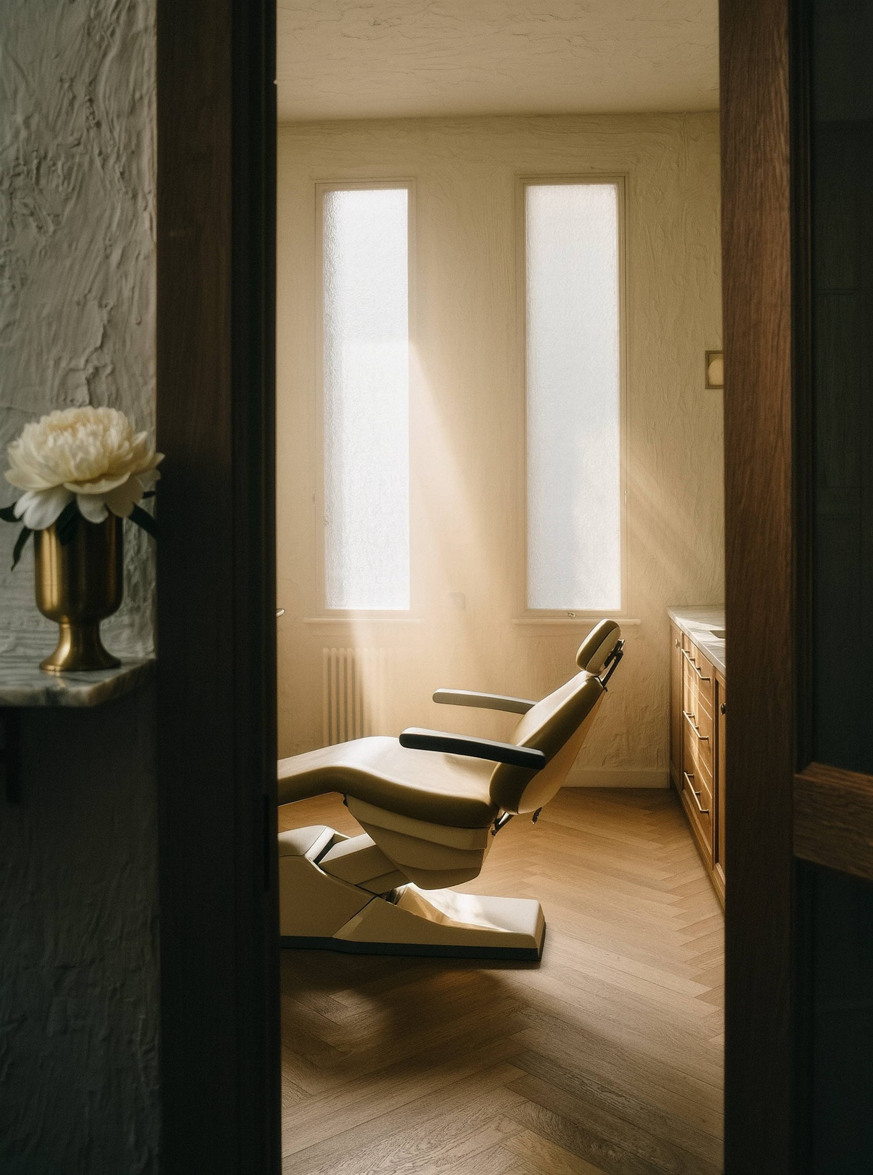 Interior of Lumen Dental Studio — oak floors, linen curtains, warm morning light